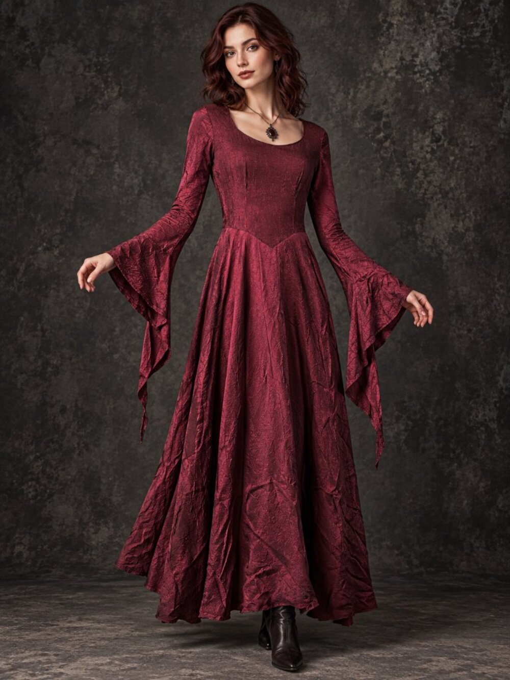 Vtg Asylum by Melissa McElrath Burgundy Dress M Bell Sleeve Lace Up Back Gothic
